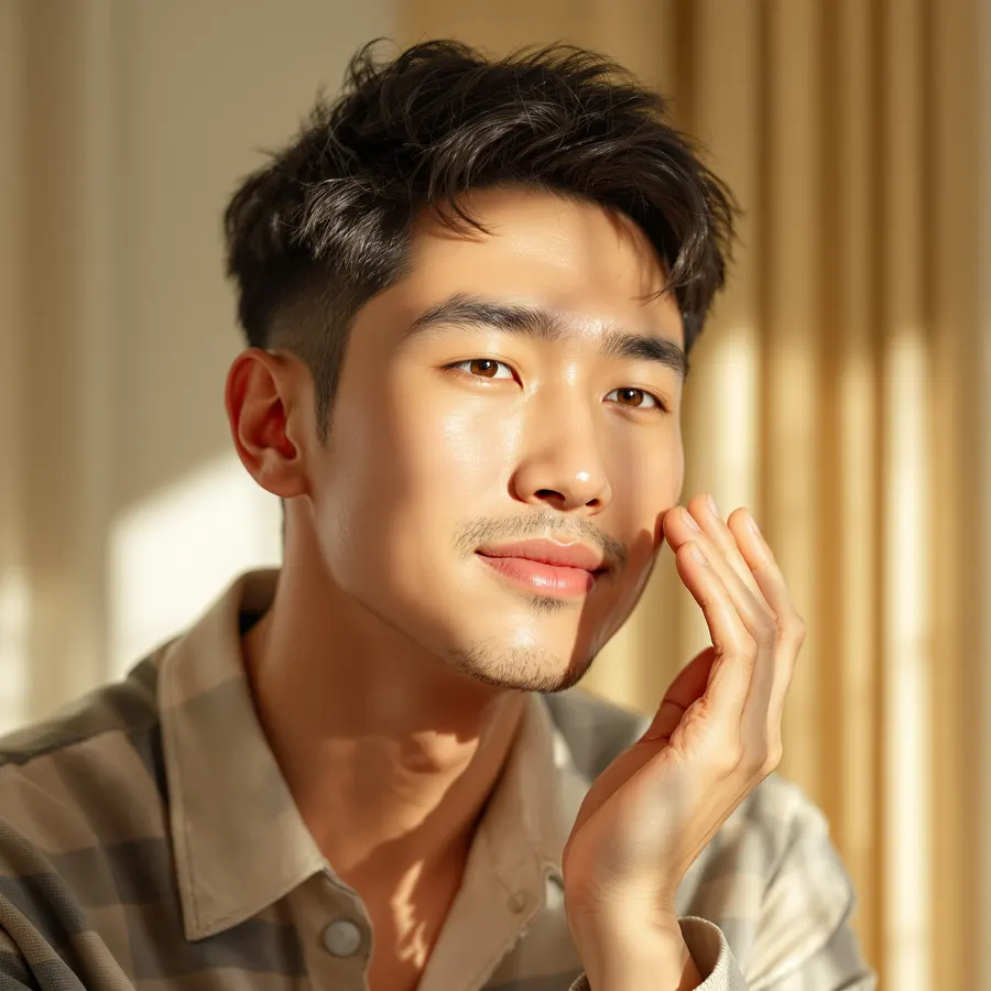 A man smoothing a few drops of nourishing face oil onto his skin