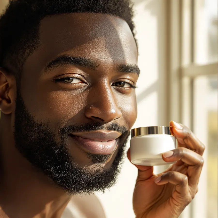 A man with natural hair holding a jar of handcrafted body care with a warm smile